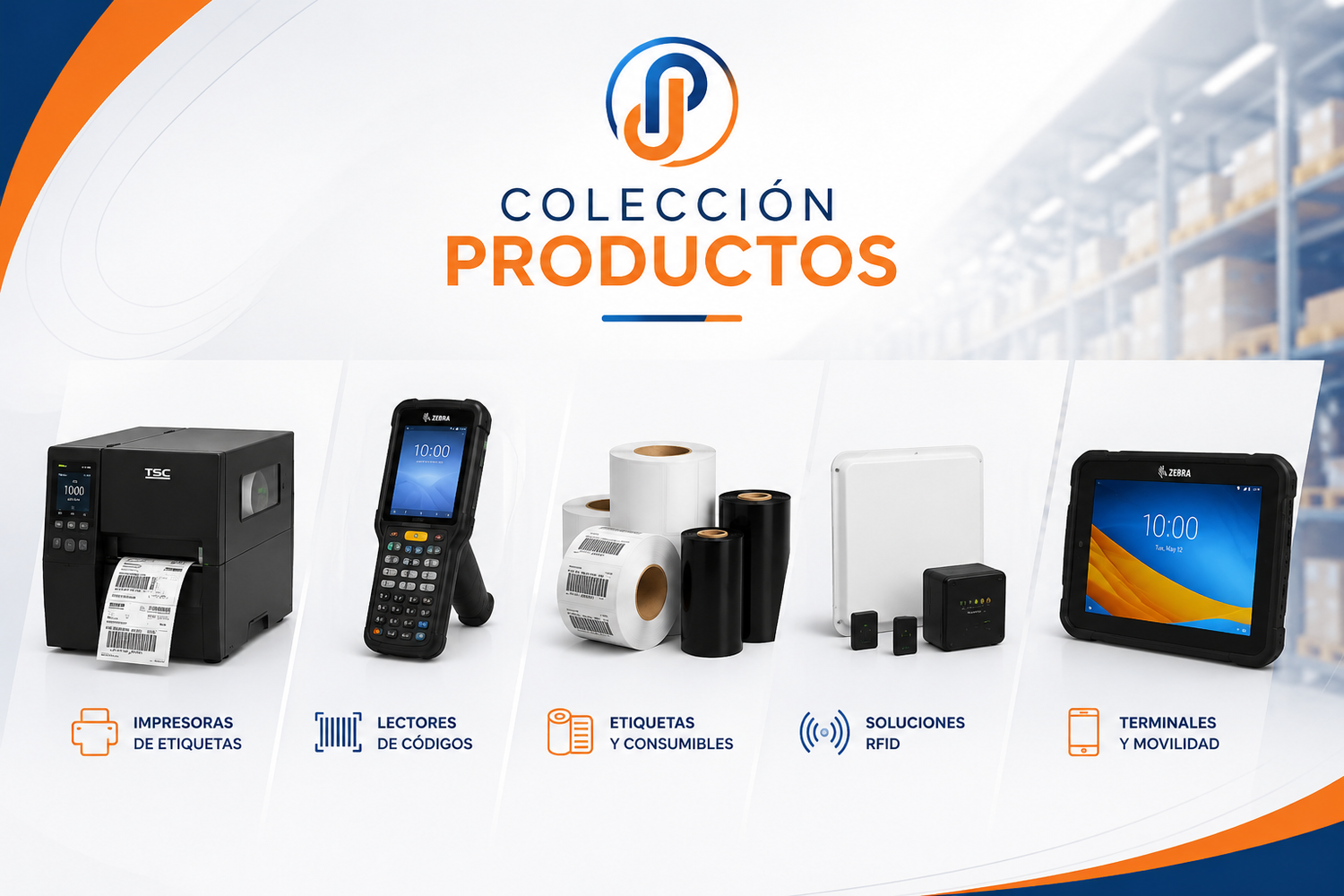 Colección de productos Projit con impresoras de etiquetas, lectores de códigos de barras, RFID y terminales industriales para trazabilidad y logística