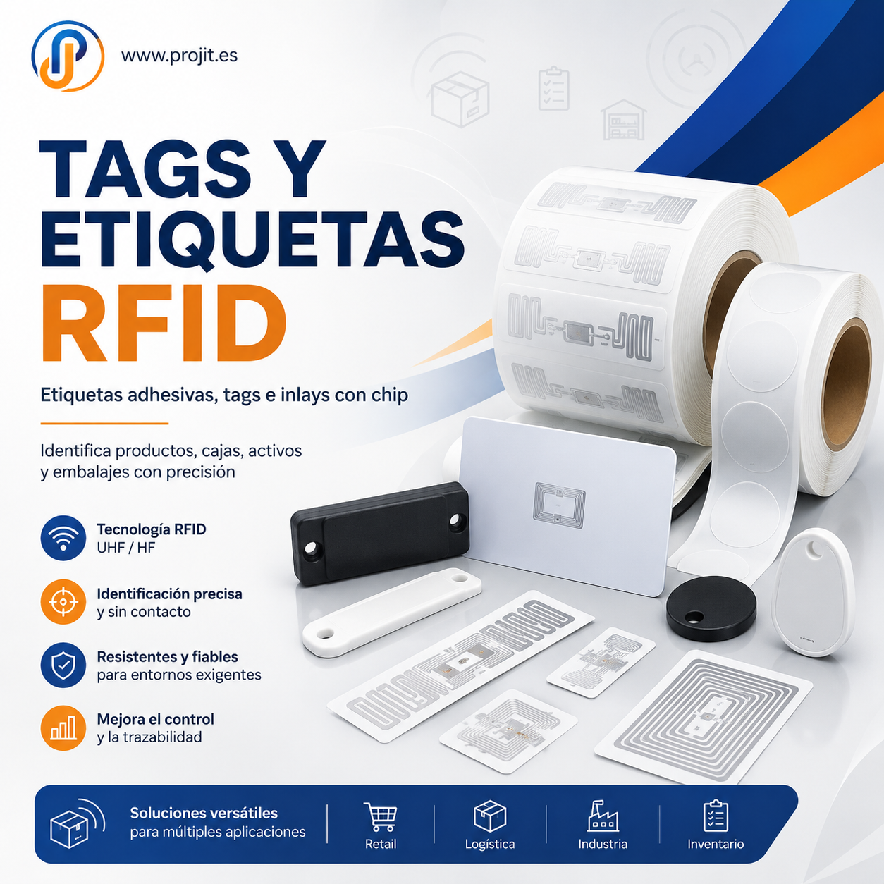 Imagen de colección de Tags y etiquetas RFID con rollos de etiquetas adhesivas, inlays con chip y tarjetas projit.es