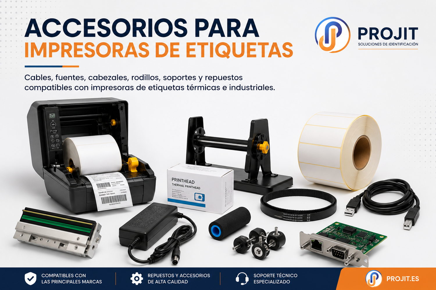 Accesorios para impresoras de etiquetas con cables, fuentes, cabezales y repuestos para impresión industrial profesional projit.es