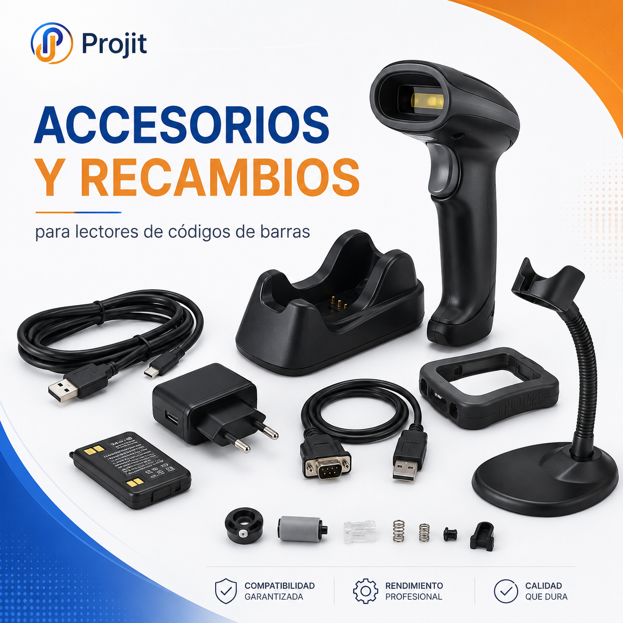 Accesorios y recambios para lectores de códigos de barras con bases, cables, baterías, cargadores y soportes projit.es