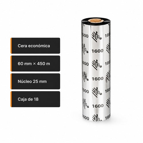Ribbon Zebra 1600 de cera 60 mm x 450 m, núcleo de 25 mm, SKU 01600BK06045