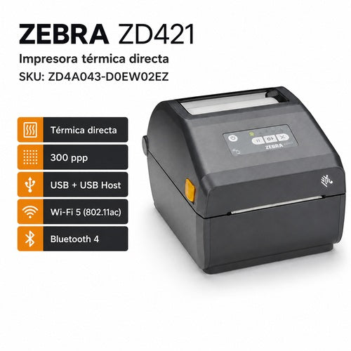 Impresora Zebra ZD421 ZD4A043-D0EW02EZ térmica directa de 300 ppp con USB Host, Wi-Fi 5 y Bluetooth 4
