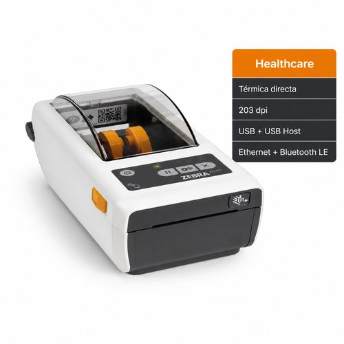 Impresora sanitaria Zebra ZD411 Healthcare ZD4AH22-D0EE00EZ térmica directa de 203 ppp con USB, Ethernet y Bluetooth LE
