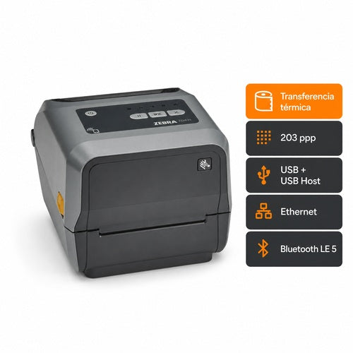 Impresora Zebra ZD421T ZD4A042-30EE00EZ de transferencia térmica y 203 ppp con USB Host, Ethernet y Bluetooth LE 5