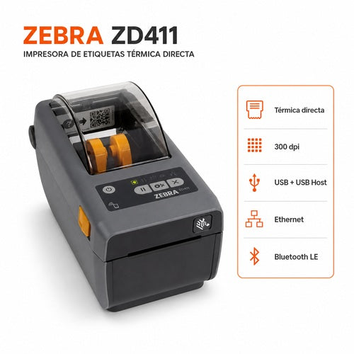 Impresora Zebra ZD411 ZD4A023-D0EE00EZ térmica directa de 300 ppp con USB, Ethernet y Bluetooth LE