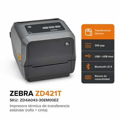 Impresora Zebra ZD421T ZD4A043-30EM00EZ de transferencia térmica y 300 ppp con USB Host, Bluetooth LE 5 y ranura de conectividad