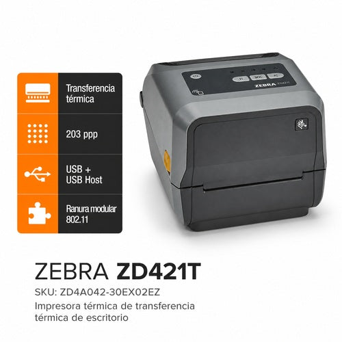 Impresora Zebra ZD421T ZD4A042-30EX02EZ de transferencia térmica y 203 ppp con USB Host y ranura modular 802.11