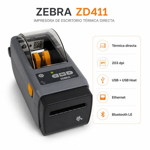 Impresora Zebra ZD411 ZD4A022-D0EE00EZ térmica directa de 203 ppp con USB, Ethernet y Bluetooth LE