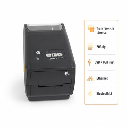 Impresora Zebra ZD411T ZD4A022-T0EE00EZ de transferencia térmica y 203 ppp con USB, Ethernet y Bluetooth LE