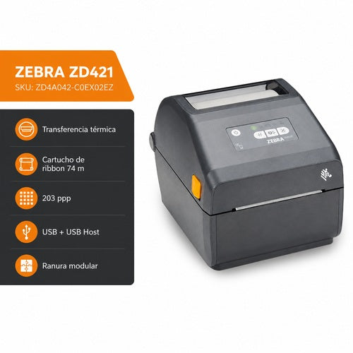 Impresora Zebra ZD421 ZD4A042-C0EX02EZ de transferencia térmica con cartucho de ribbon de 74 m, 203 ppp y ranura modular
