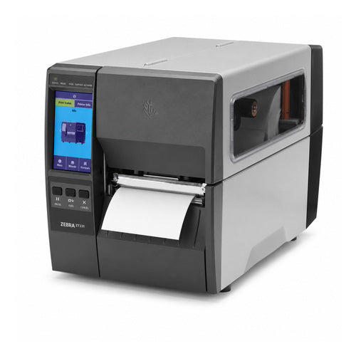 Impresora de etiquetas Zebra ZT231 ZT23142-D0E000FZ en uso sobre fondo blanco