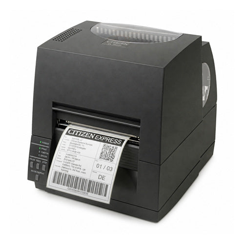 Impresora de etiquetas Citizen CL-S621II CLS621IINEBXX en uso sobre fondo blanco