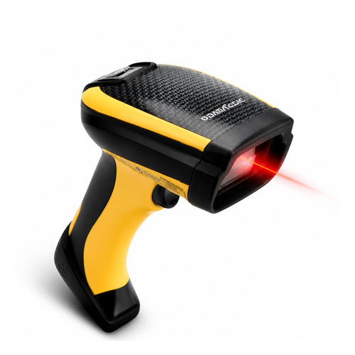 Lector de códigos de barras Datalogic PBT9100 amarillo PBT9100-RBK10US en uso sobre fondo blanco