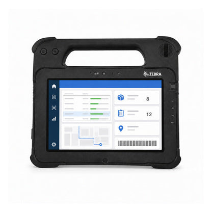 Terminal de mano Zebra L10AX RTL10C0-0C22X1X-01 en uso sobre fondo blanco