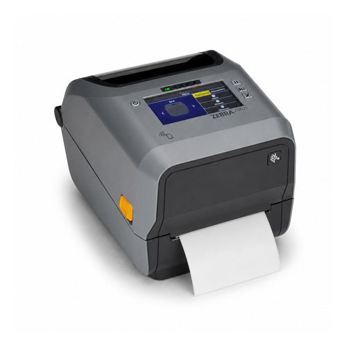Impresora de etiquetas Zebra ZD621 gris ZD6A043-D4EF00EZ en uso sobre fondo blanco
