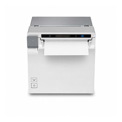 Impresora de etiquetas Epson EU-M30 blanco C31CK01001 en uso sobre fondo blanco