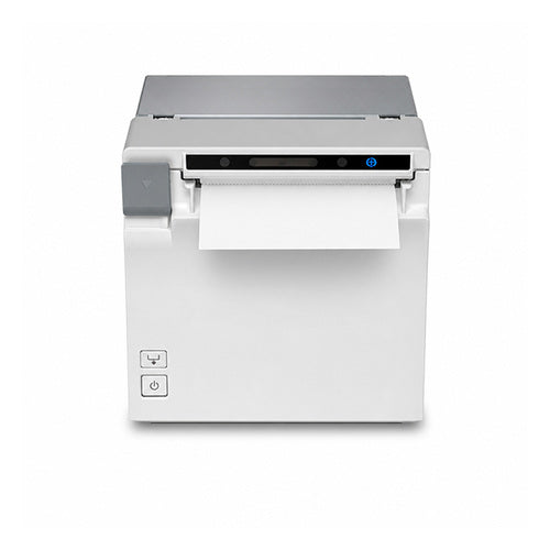 Impresora de etiquetas Epson EU-M30 blanco C31CK01001 en uso sobre fondo blanco