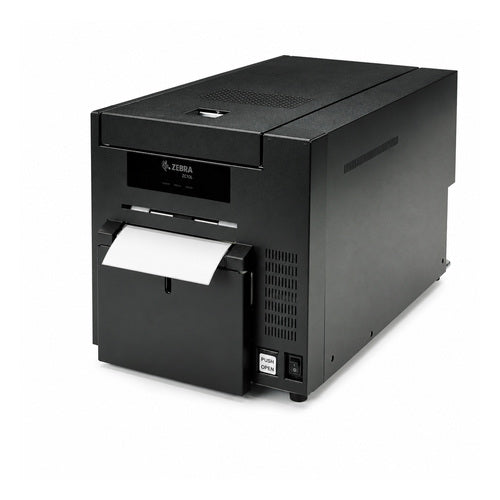 Impresora de etiquetas Zebra ZC10L ZC10L-00QT0US00 en uso sobre fondo blanco