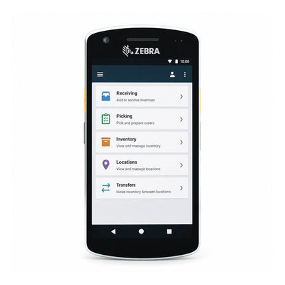 Terminal de mano Zebra EC55 negro KT-EC551SCRD-A6 en uso sobre fondo blanco