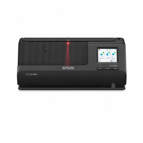 Lector de códigos de barras Epson ES-C380W B11B269401 en uso sobre fondo blanco