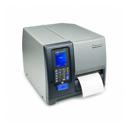 Impresora de etiquetas Honeywell PM43CA PM43CA1130000212 en uso sobre fondo blanco