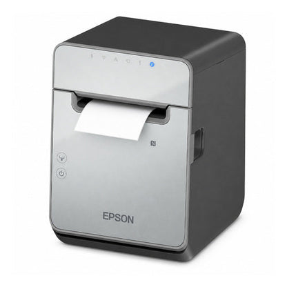 Impresora de etiquetas Epson TM-L100 C31CJ52103 en uso sobre fondo blanco