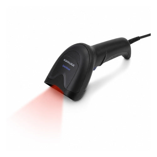 Lector de códigos de barras Datalogic QBT2500 QBT2500 BK BTK1 en uso sobre fondo blanco