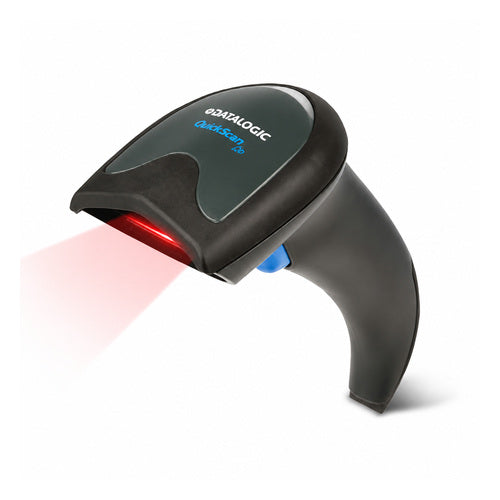 Lector de códigos de barras Datalogic QUICKSCAN LITE QW2520-BKK1S en uso sobre fondo blanco