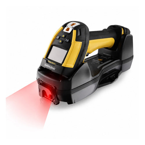 Lector de códigos de barras Datalogic PD9630 amarillo PD9630-HP en uso sobre fondo blanco
