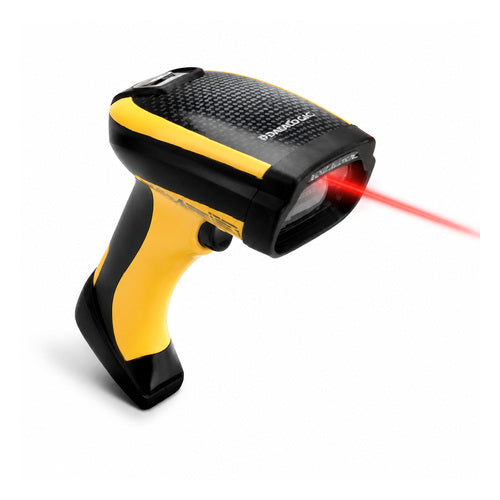 Lector de códigos de barras Datalogic PM9100 amarillo PM9100-D433RBK10 en uso sobre fondo blanco