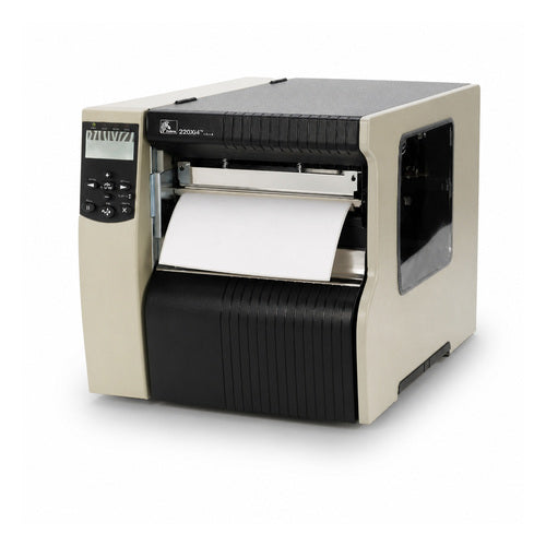 Impresora de etiquetas Zebra 220XI4 223-80E-00003 en uso sobre fondo blanco