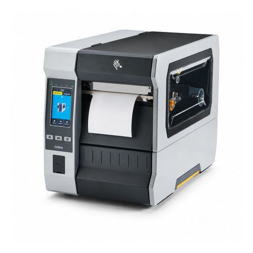 Impresora de etiquetas Zebra ZT620 ZT62062-T0EG100Z en uso sobre fondo blanco
