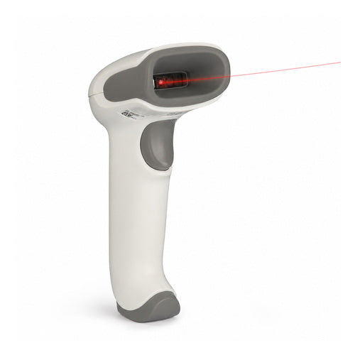Lector de códigos de barras Honeywell 1472G 1472G2D-2-R en uso sobre fondo blanco