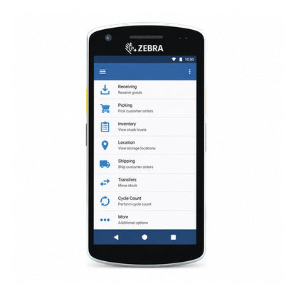 Terminal de mano Zebra EC50 EC500K-01B222-A6 en uso sobre fondo blanco