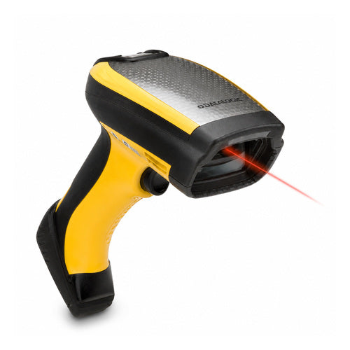 Lector de códigos de barras Datalogic PBT9501 amarillo PBT9501-DPMRBK10US en uso sobre fondo blanco