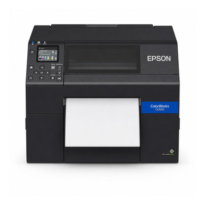 Impresora de etiquetas Epson C6500AE C31CH77102MK en uso sobre fondo blanco