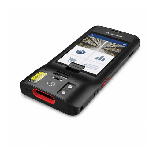 Terminal de mano Honeywell CT37 negro CT37-X0N-50S10DG en uso sobre fondo blanco