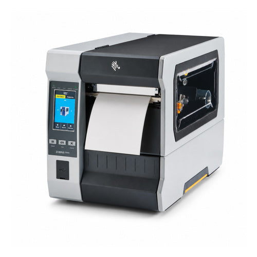 Impresora de etiquetas Zebra ZT610 ZT61042-T0E01C0Z en uso sobre fondo blanco