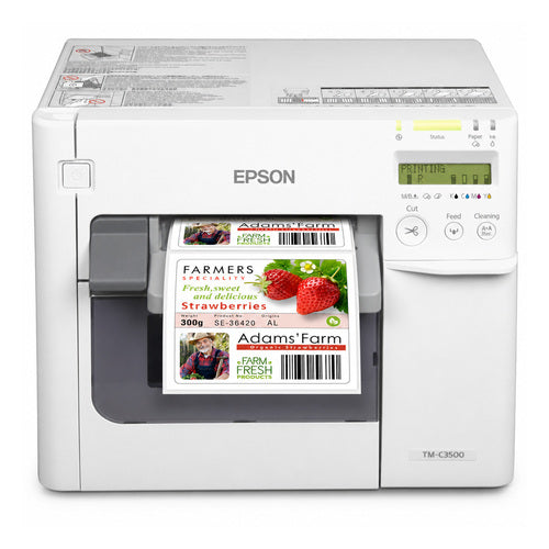 Impresora de etiquetas Epson TM-C3500 C31CD54012CD en uso sobre fondo blanco