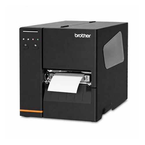 Impresora de etiquetas Brother TJ-4005DN TJ4005DNZ1 en uso sobre fondo blanco