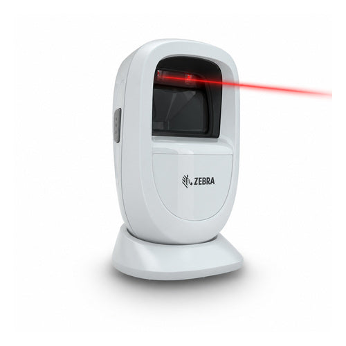 Lector de códigos de barras Zebra DS9308 blanco DS9308-SRWU2100AZW en uso sobre fondo blanco