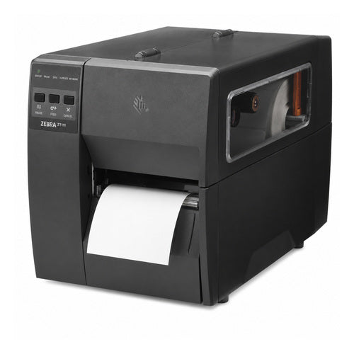 Impresora de etiquetas Zebra ZT111 ZT11143-D0E000FZ en uso sobre fondo blanco