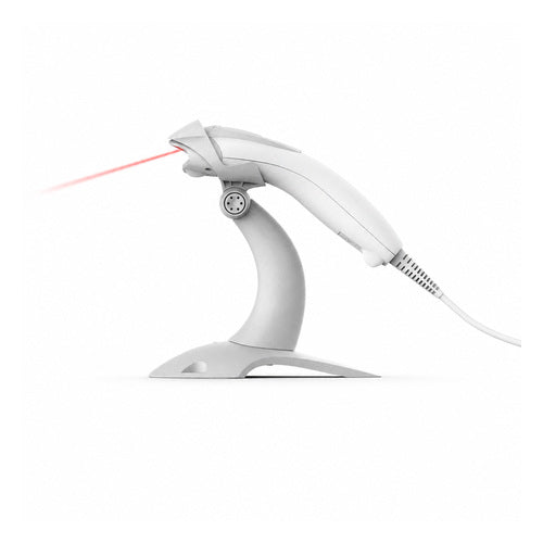 Lector de códigos de barras Honeywell VOYAGER XP blanco 1400GSR-1USB-1E en uso sobre fondo blanco