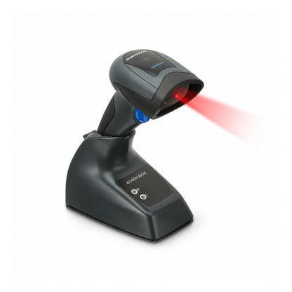 Lector de códigos de barras Datalogic QUICKSCAN M negro QBT2101-BK-BTK+ en uso sobre fondo blanco