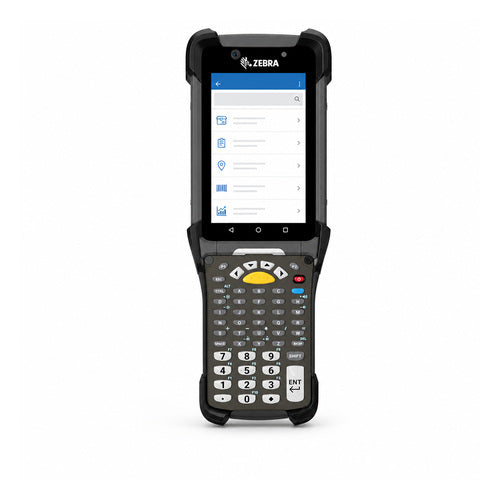 Terminal de mano Zebra MC9300 MC930P-GFADG4RW en uso sobre fondo blanco