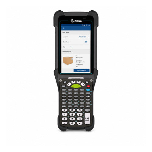 Terminal de mano Zebra MC94 negro MC9401-0G1J6BSS-A6 en uso sobre fondo blanco