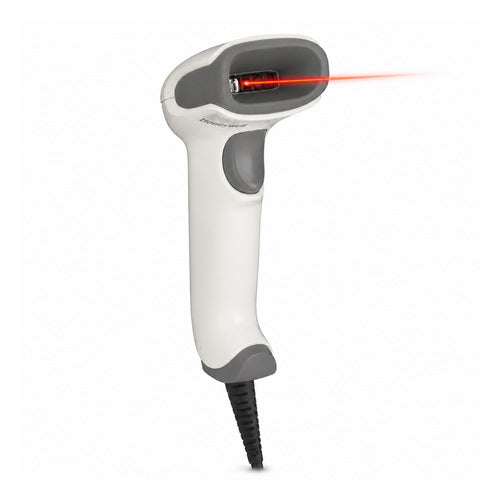 Lector de códigos de barras Honeywell 1470G2D 1470G2D-5USB-R en uso sobre fondo blanco
