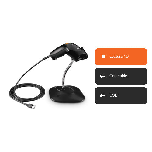 Características del lector de códigos de barras Zebra LS1203 negro LS1203-7AZU0100ER: Lectura 1D, Con cable, USB