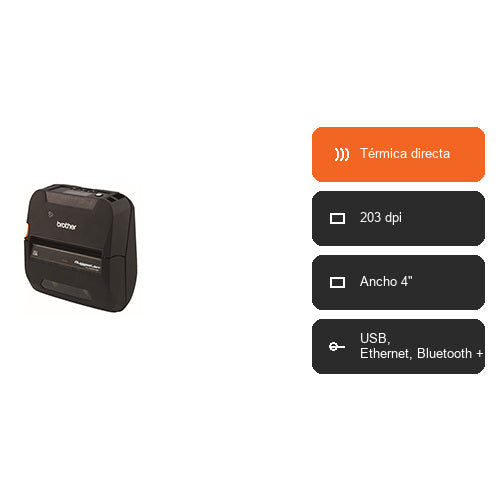 Características de la impresora de etiquetas Brother RJ-4250WB RJ4250WBLZ1: Térmica directa, 203 dpi, Ancho 4", USB, Ethernet, Bluetooth +1