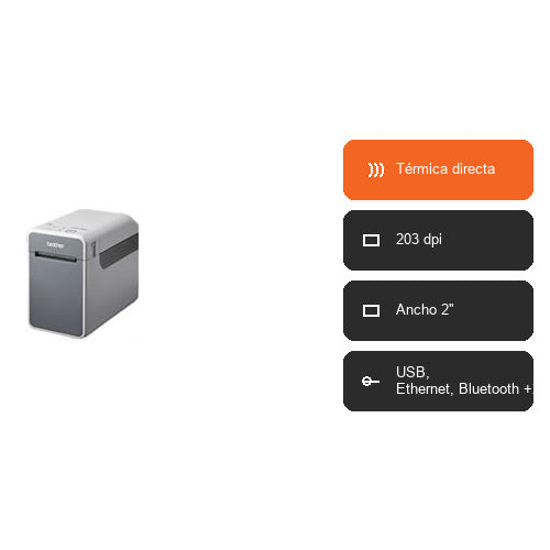 Características de la impresora de etiquetas Brother TD-2020A TD2020AXX1: Térmica directa, 203 dpi, Ancho 2", USB, Ethernet, Bluetooth +2